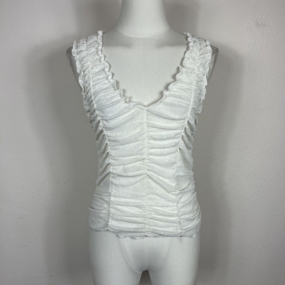 Urban Outfitters Tank Top Womens Large White Ruched Ruffle Cami Sleeveless Sheer